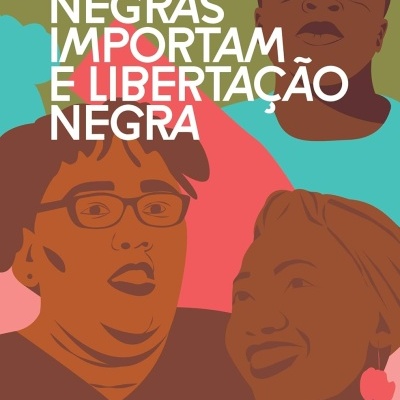 Ilustração de três pessoas com texto sobrepostas