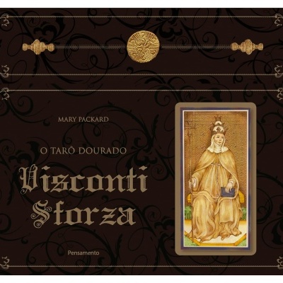 Caixa do Tarot Visconti Sforza com imagem de carta de mulher sentada e texto em castanho e dourado.