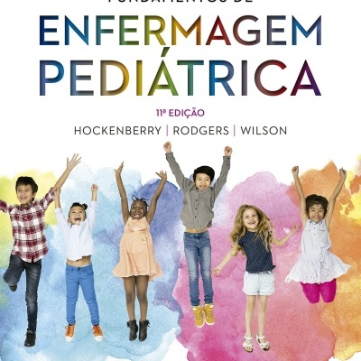 Capa de livro Fundamentos de Enfermagem Pediátrica com crianças a saltar e texto colorido