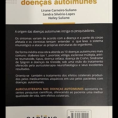 Contracapa do livro Auriculoterapia nas doenças autoimunes com texto explicativo e informações editoriais.