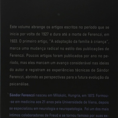 Capa traseira de livro preto com texto branco e azul sobre artigos de Sándor Ferenczi e dados editoriais