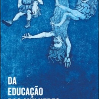 Capa do livro Da educação das mulheres com fundo azul e ilustração de figuras femininas invertidas