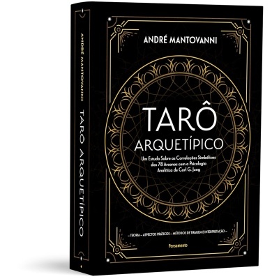 Capa de livro preto e dourado chamado TARÔ ARQUETÍPICO de André Mantovanni.