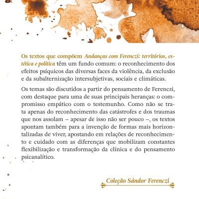 Capa traseira de livro com manchas castanho-alaranjadas, texto em português e código de barras