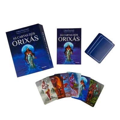 Baralho e livro AS CARTAS DOS ORIXÁS com cartas ilustradas coloridas e capa azul