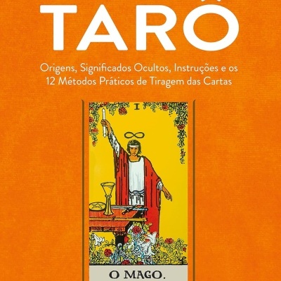 Capa de livro Manual do Tarô com carta do tarô O Mago e fundo laranja