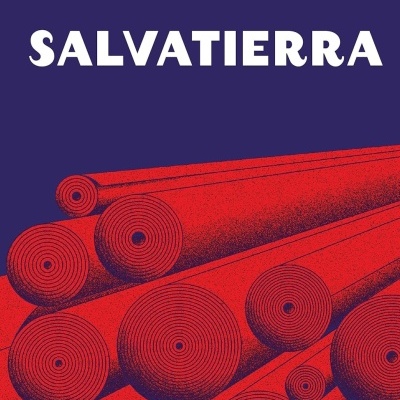Capa de livro com troncos vermelhos e texto branco em fundo azul