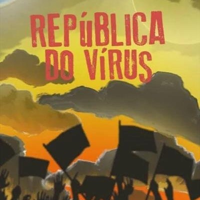 Capa de livro República do Vírus com título em vermelho e fundo dramático amarelo e laranja