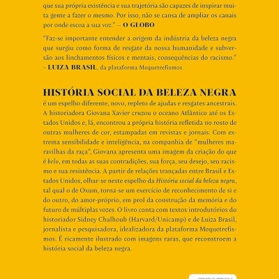 Contracapa amarela de livro sobre história social da beleza negra com texto em português e código de barras