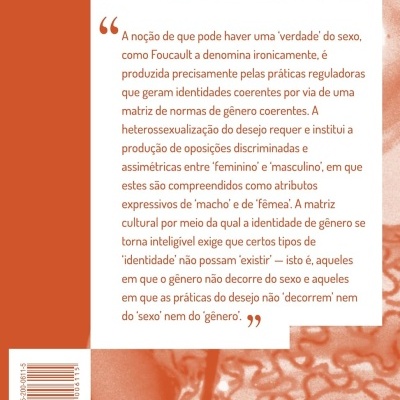 Contracapa de livro com texto sobre identidade de género em português e código de barras