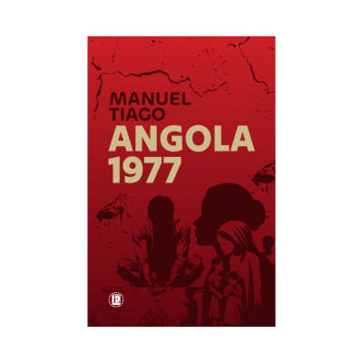 Capa de livro vermelha com texto MANUEL TIAGO ANGOLA 1977 e figuras humanas a preto.