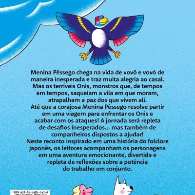 Texto e ilustrações relacionadas à história de Menina Pêssego sobre fundo azul