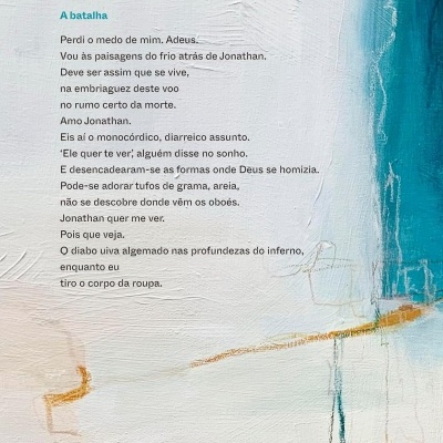 Parte de trás do livro com poema A batalha e detalhes artísticos coloridos