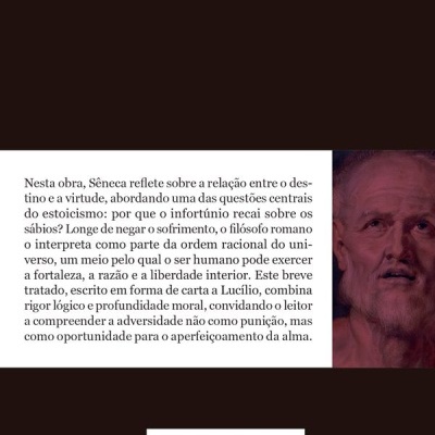 Contracapa de livro sobre Sêneca com texto em português, código de barras e busto clássico