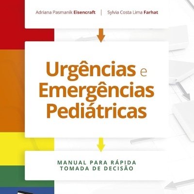 Capa de livro sobre urgências e emergências pediátricas com design colorido e aplicativos em destaque