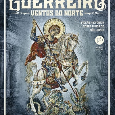 Capa de livro com mosaico de São Jorge a cavalo e texto Santo Guerreiro de Eduardo Spohr