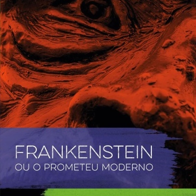 Capa de livro Frankenstein com rosto texturizado em laranja e texto em azul e verde