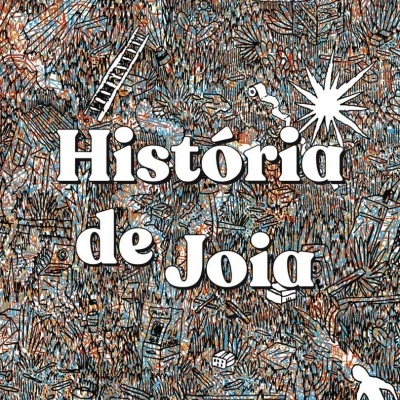 Capa de livro História de Joia com ilustrações abstratas em azul, castanho e branco.