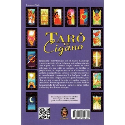 Embalagem do Tarô do Cigano com cartas de tarô coloridas e texto explicativo em português
