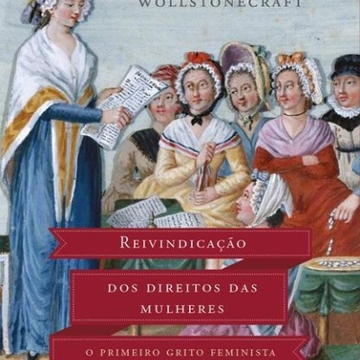 Capa de livro com mulheres vestidas historicamente e texto sobre direitos das mulheres