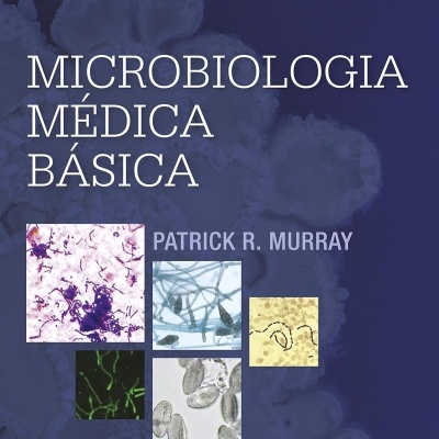 Capa do livro Microbiologia Médica Básica com imagens microscópicas e texto