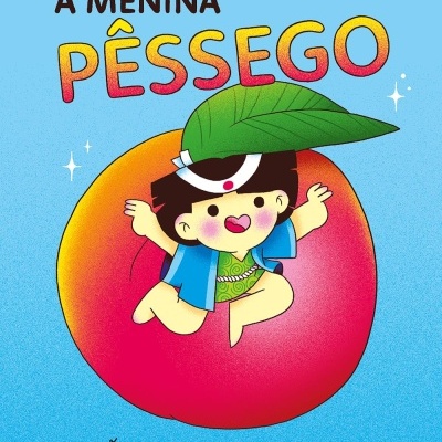 Capa de livro infantil A Menina Pêssego com ilustração de menina numa pêra