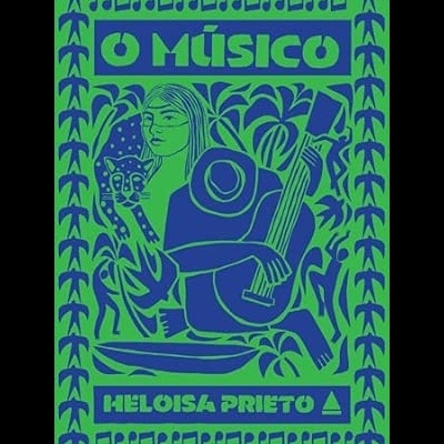 Capa de livro O Músico com ilustração de mulher, gato e guitarra em verde e azul