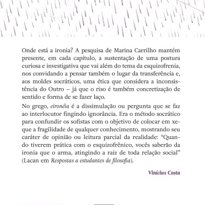 Contra-capa de livro com texto em português e elementos gráficos roxos e pretos.
