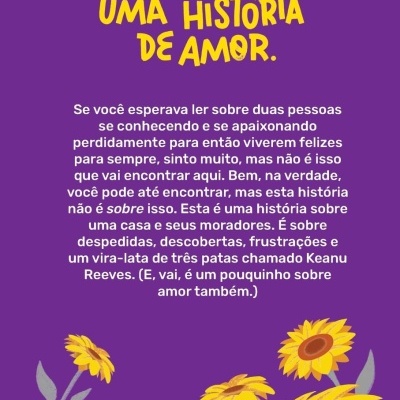 Capa de livro roxa com texto amarelo e branco e ilustrações de girassóis