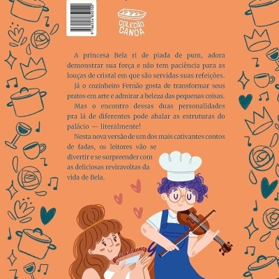 Contracapa de livro com texto em português e ilustrações de duas personagens e utensílios de cozinha em fundo laranja.