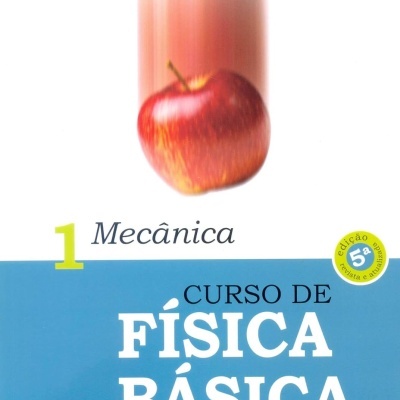 Capa de livro de física básica com maçã vermelha e texto em azul e branco.