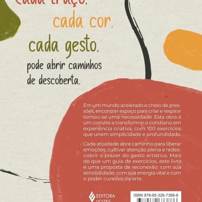 Contracapa de livro com texto em português e formas coloridas abstratas