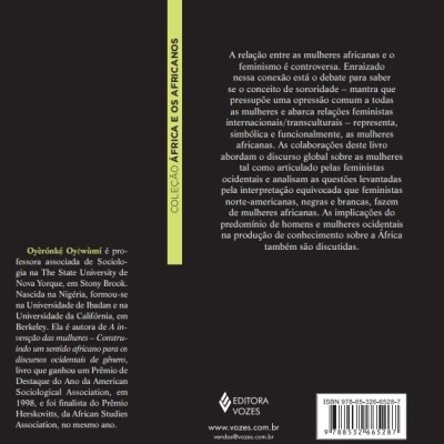 Capa traseira de livro com texto sobre feminismo e mulheres africanas, faixa amarela e código de barras