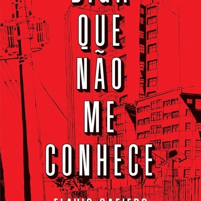 Capa de livro vermelha com desenho urbano a preto e texto branco