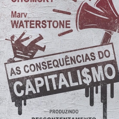 Capa de livro com texto sobre capitalismo e autores, fundo cinza com ilustração de megafone e pessoas caindo.