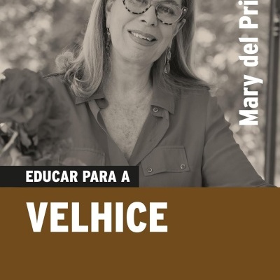 Mulher com óculos de armação padrão tartaruga e camisa com botões ao lado do texto EDUCAR PARA A VELHICE.