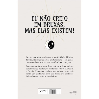 Parte traseira de livro com texto em português e ilustração de lua crescente