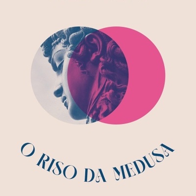 Capa do livro O RISO DA MEDUSA com círculos azul e rosa e texto