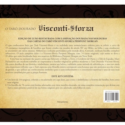 Parte traseira da embalagem do kit Tarô Visconti-Sforza com texto explicativo em português e código de barras