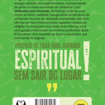 Contracapa de livro verde com texto em português sobre espiritualidade na Umbanda e logos editoriais