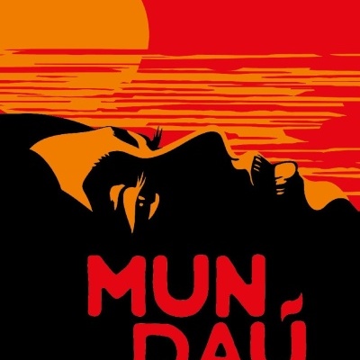 Capa de livro Mundaú com rosto em perfil, sol laranja, texto e elementos gráficos em vermelho, preto e laranja