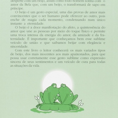 Contracapa de livro com texto, ilustração de dois sapos verdes a beijar-se e código ISBN.