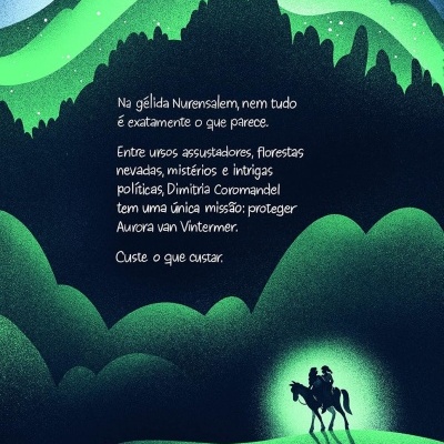 Ilustração noturna com montanhas verdes, aurora boreal e duas pessoas a cavalo