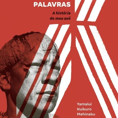 Capa de livro com texto e retrato em fundo vermelho e branco