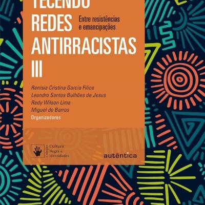 Capa de livro com padrão colorido e texto em laranja