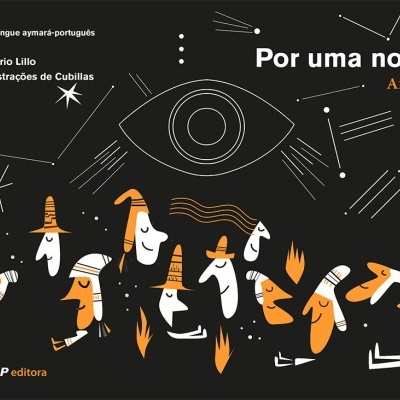 Capa de livro preta com desenhos brancos e laranja de pessoas e estrelas, com título e autores em texto branco e laranja