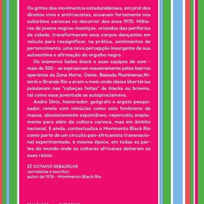 Contracapa de livro rosa com texto branco e faixas verticais coloridas