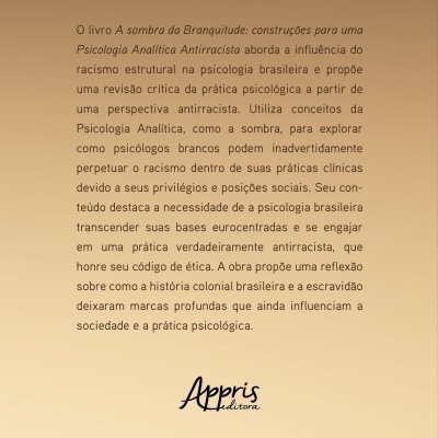 Texto sobre livro A sombra da Branquitude e logotipo Appris Editora em fundo castanho claro