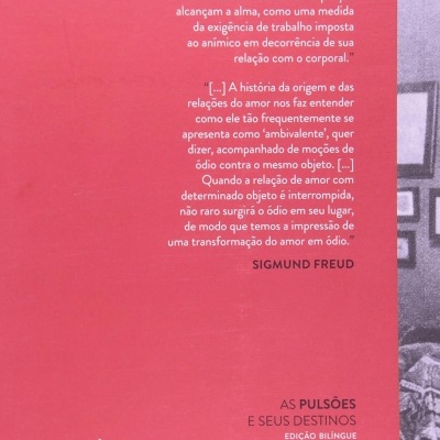 Capa traseira de livro com fundo rosa e texto em branco e preto, citações e informações editoriais.