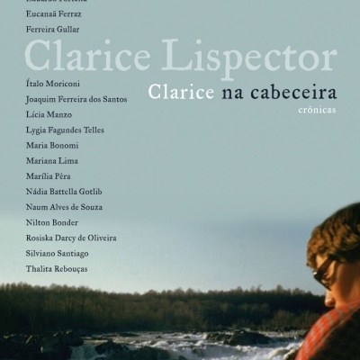 Capa de livro azul claro com rio e texto de autores e título Clarice Lispector